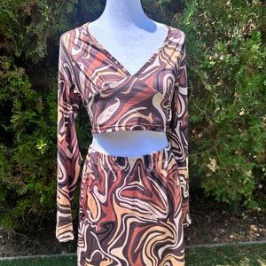 SHEIN Multicolor Brown and Cream Abstract Midi Skirt Set